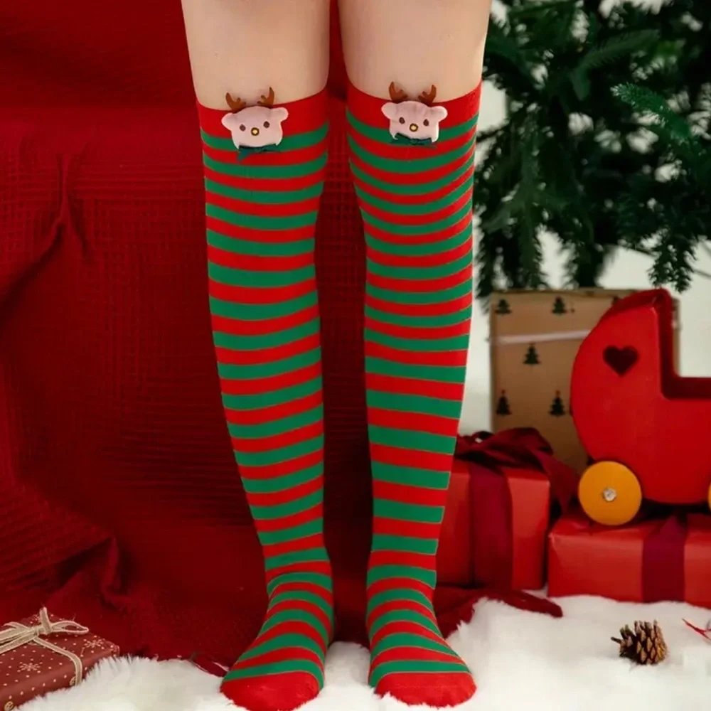 Plush Reindeer Christmas Over-the-Knee Socks Red & Green Striped, Soft Polyester